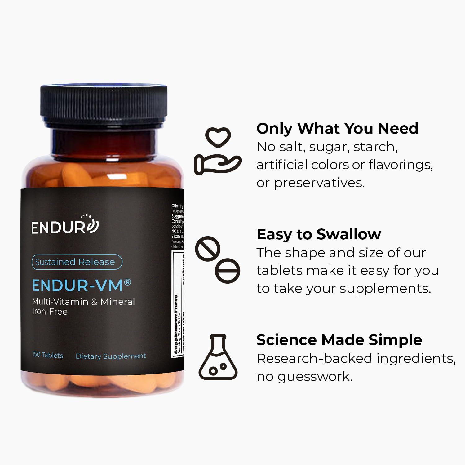 Endur-VM ingredient panel closeup shows vegan, gluten-free formulation.
