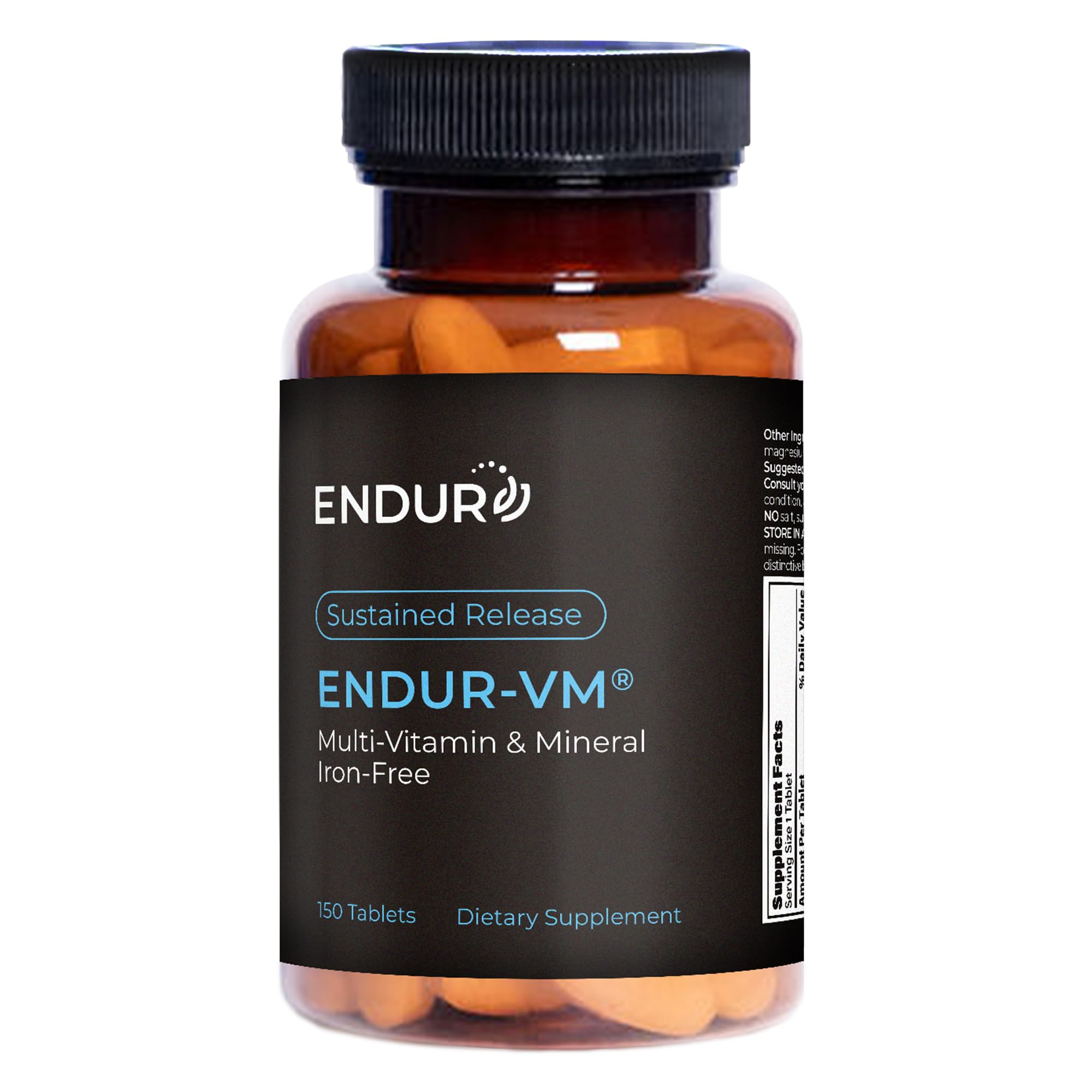 Endur-VM tablet bottle front view highlights sustained-release vitamins for daily energy.