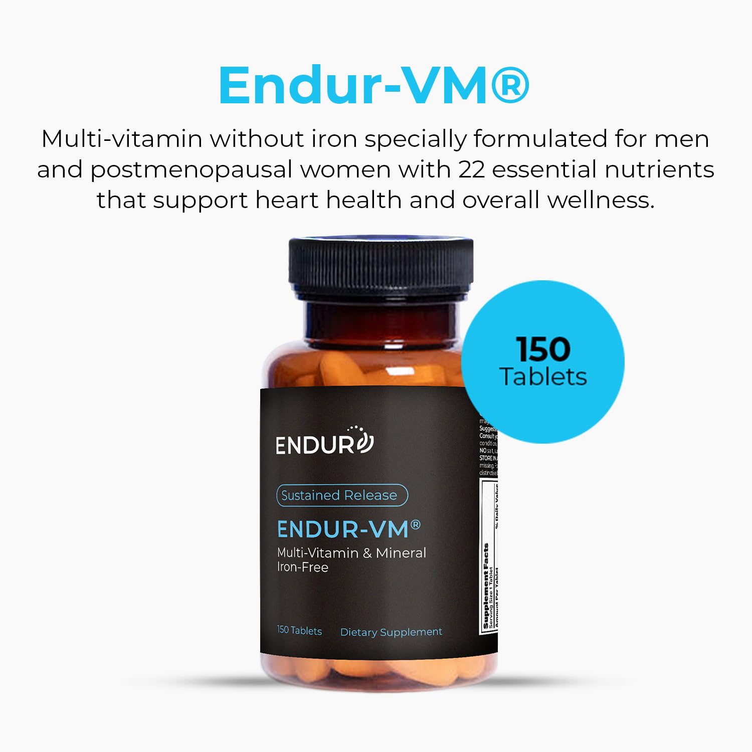Endur-VM tablet bottle side view emphasizing iron-free daily nutrition.
