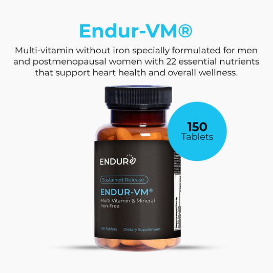 Endur-VM tablet bottle side view emphasizing iron-free daily nutrition.