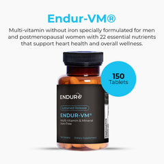 Endur-VM tablet bottle side view emphasizing iron-free daily nutrition.