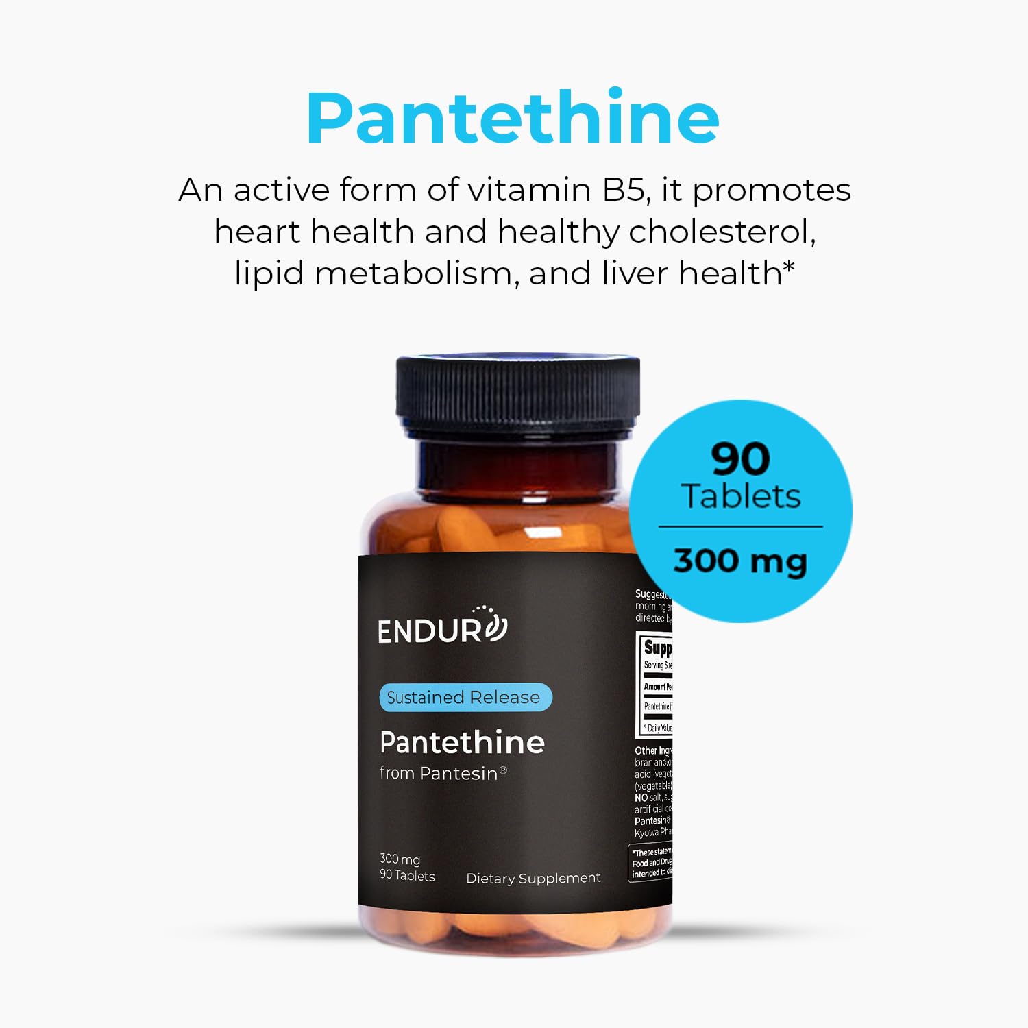 Close-up of Endurance Pantethine label highlighting Pantesin formulation and quality.
