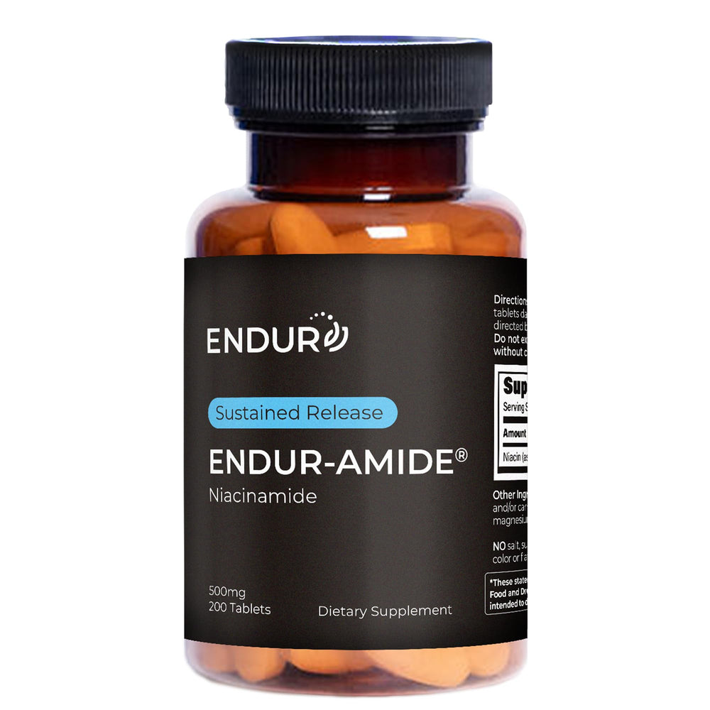 Endur-Amide Niacinamide bottle close-up highlighting niacinamide formula for skin health.