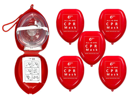Endure Adult CPR mask in red case with shielded valve for safe rescue breaths.