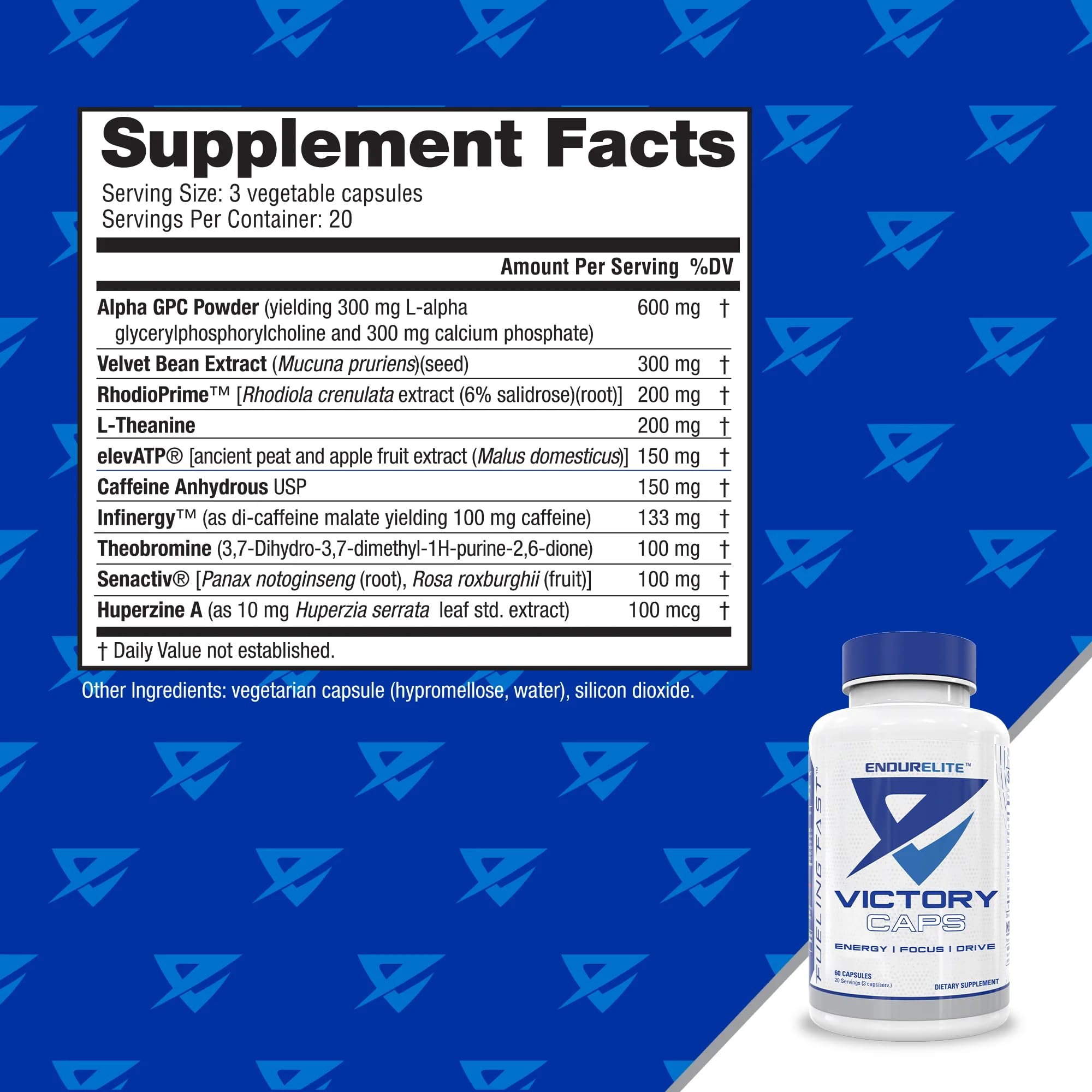 Close-up of Victory Caps capsules inside the bottle highlighting jitter-free energy.