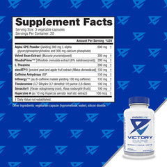 Close-up of Victory Caps capsules inside the bottle highlighting jitter-free energy.