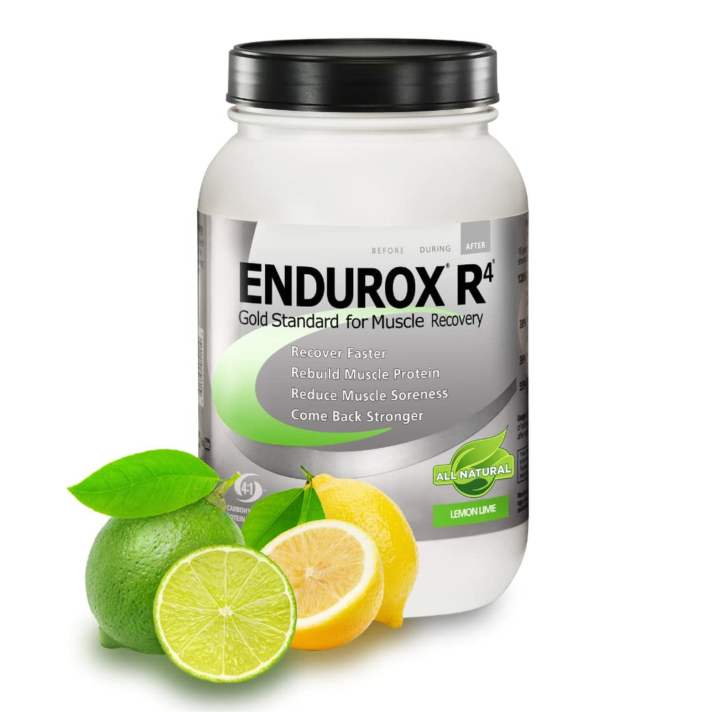 Endurox R4 Lemon Lime bottle on gym bench highlighting post-workout recovery