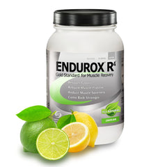Endurox R4 Lemon Lime bottle on gym bench highlighting post-workout recovery