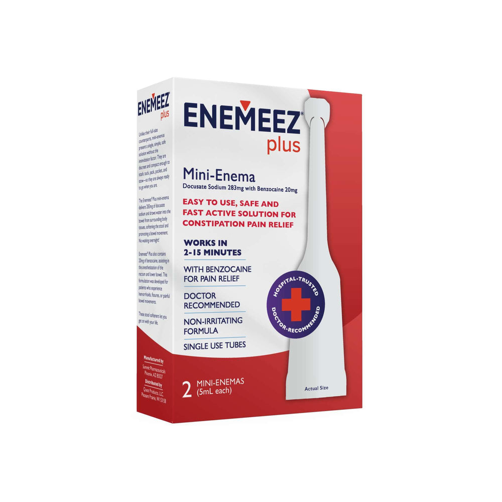 Enemeez Plus mini-enemas tube for rectal use, aiming for gentle relief.