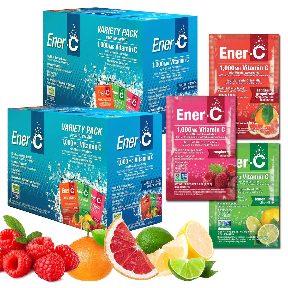 Ener-C multivitamin drink mix bottle pour showing on-the-go hydration and nutrients.