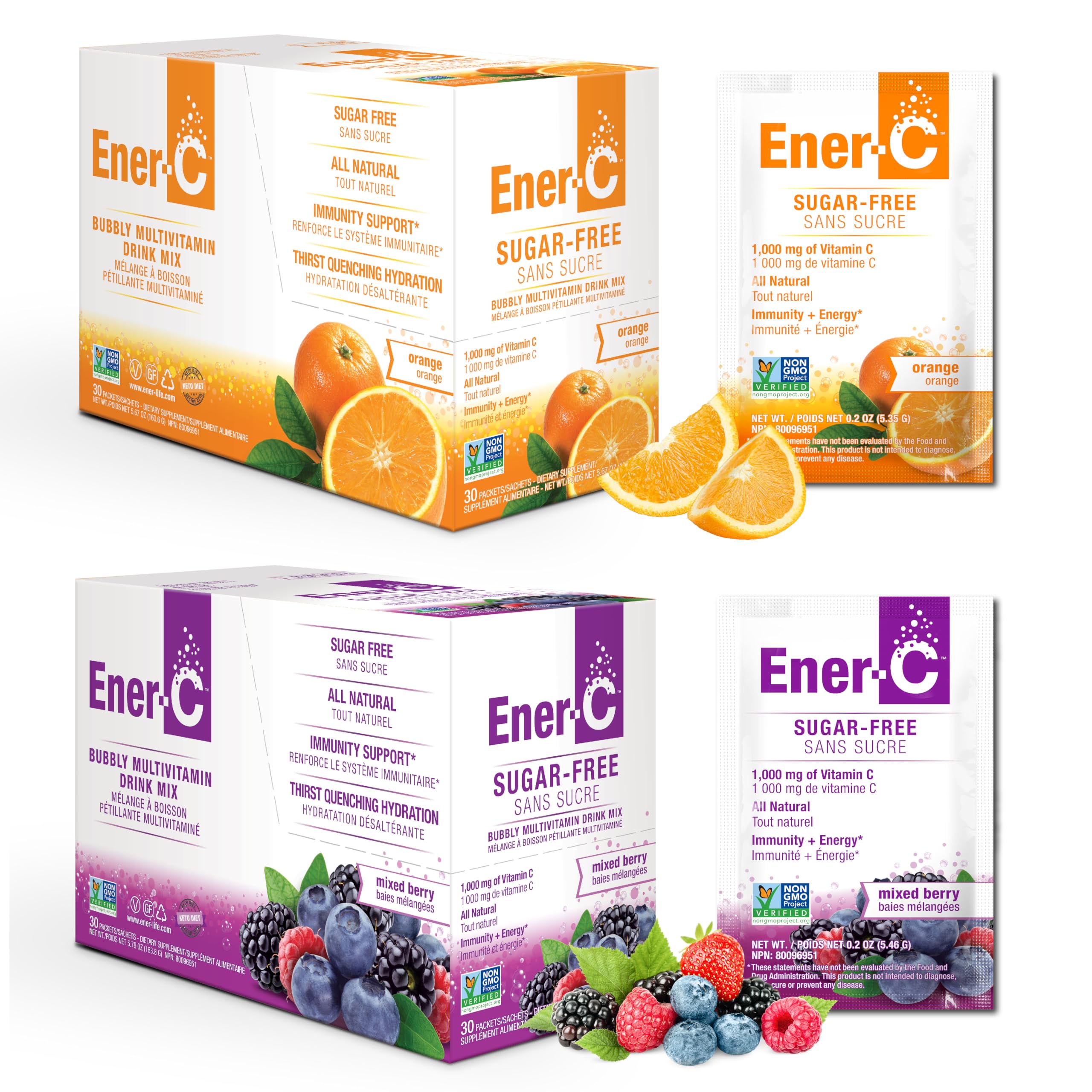 Ener-C orange packet beside a glass of water for daily vitamin C boost