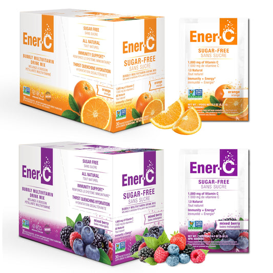 Ener-C orange packet beside a glass of water for daily vitamin C boost