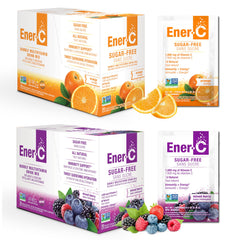 Ener-C orange packet beside a glass of water for daily vitamin C boost