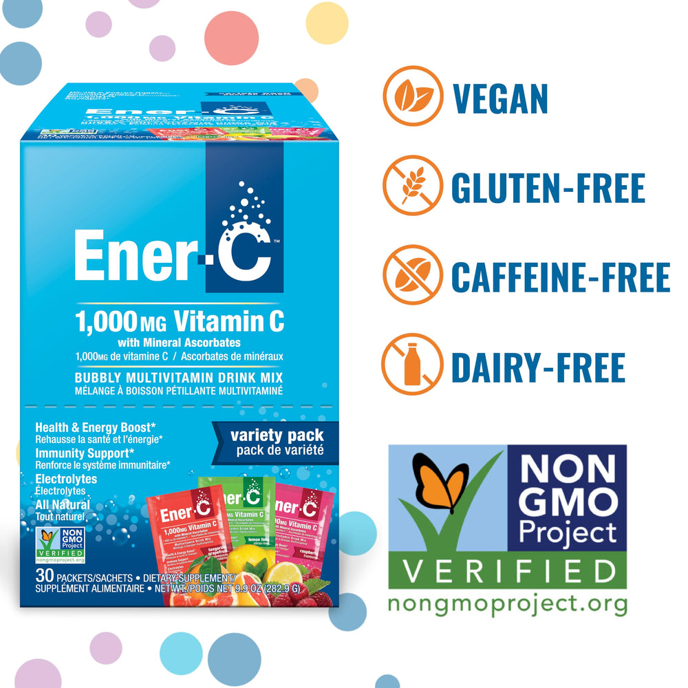 Ener-C variety pack packets close-up highlights convenient daily servings.