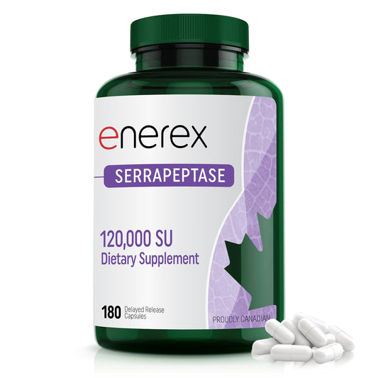 Enerex Serrapeptase bottle front indicating high potency enzyme for daily wellness support