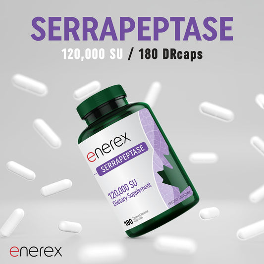 Enerex Serrapeptase capsules closeup highlighting 120,000 SPU per dose