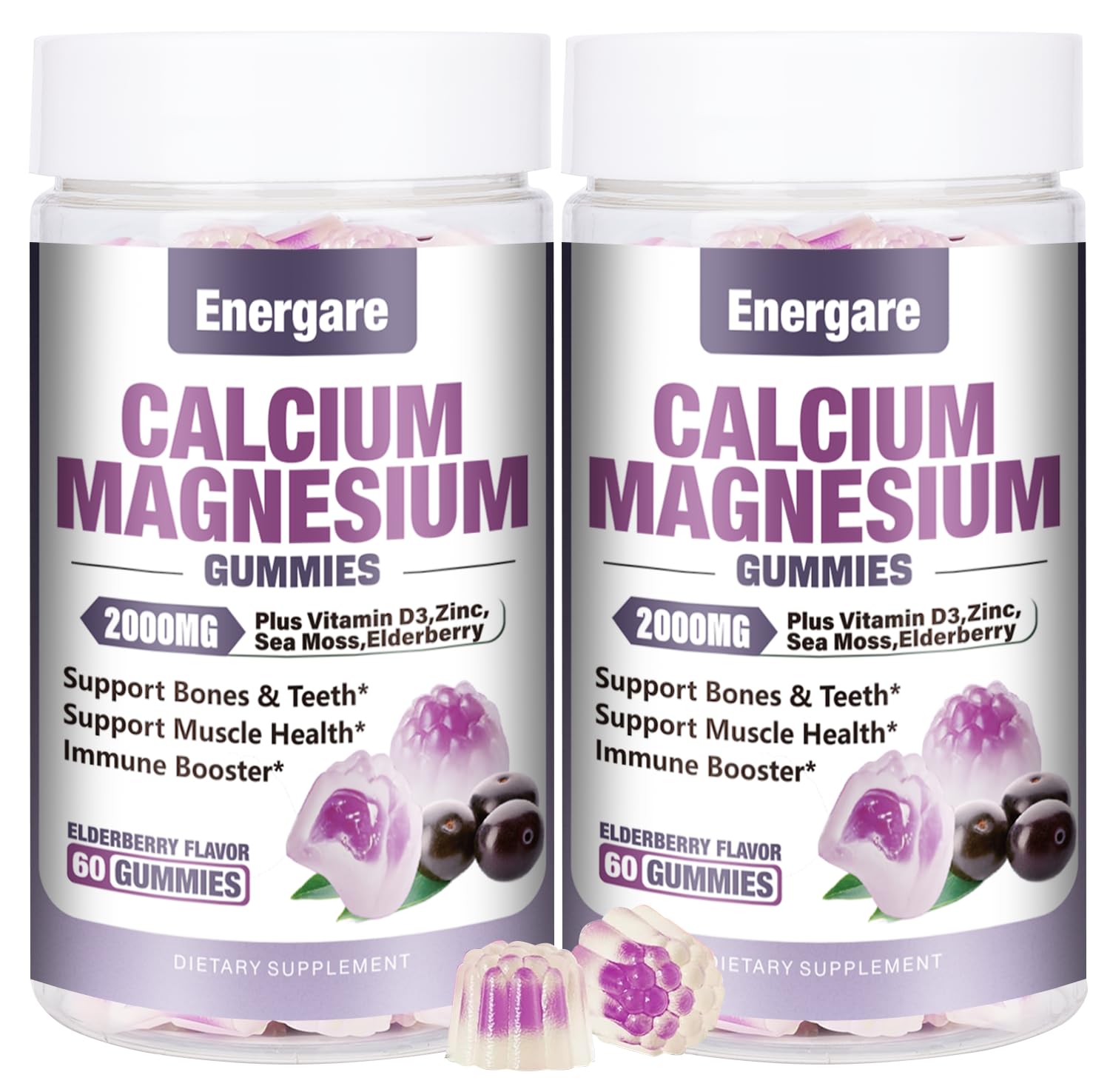 Energare calcium magnesium zinc gummies bottle showing colorful shapes for bone support