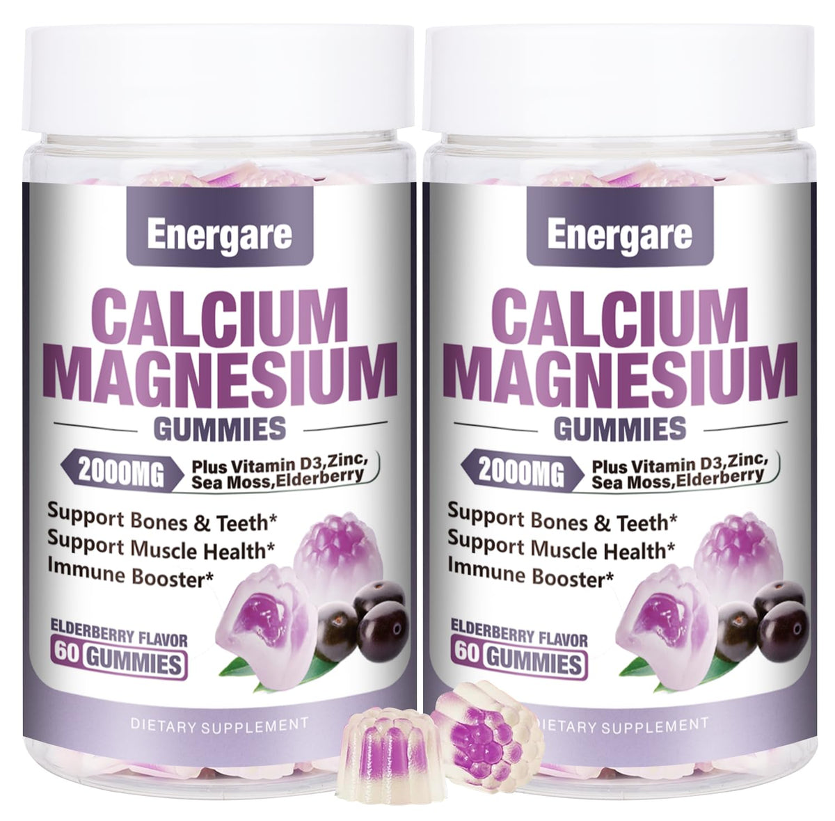Energare calcium magnesium zinc gummies bottle showing colorful shapes for bone support