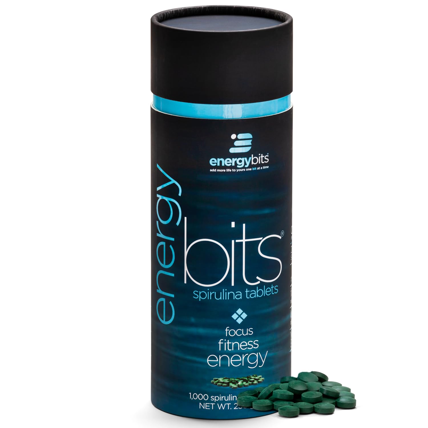ENERGYBITS bottle front view with spirulina tablets for steady energy.