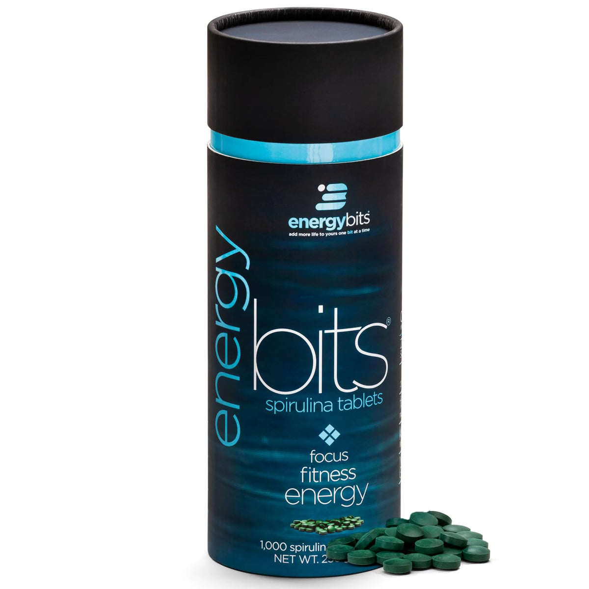 ENERGYBITS bottle front view with spirulina tablets for steady energy.