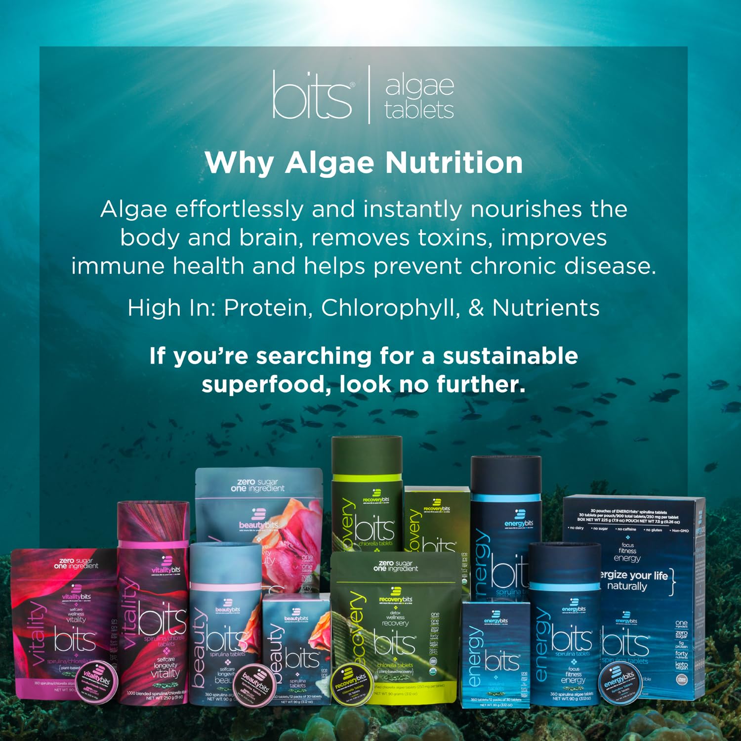 ENERGYBITS tablets being poured from the bottle for quick, plant-based energy.