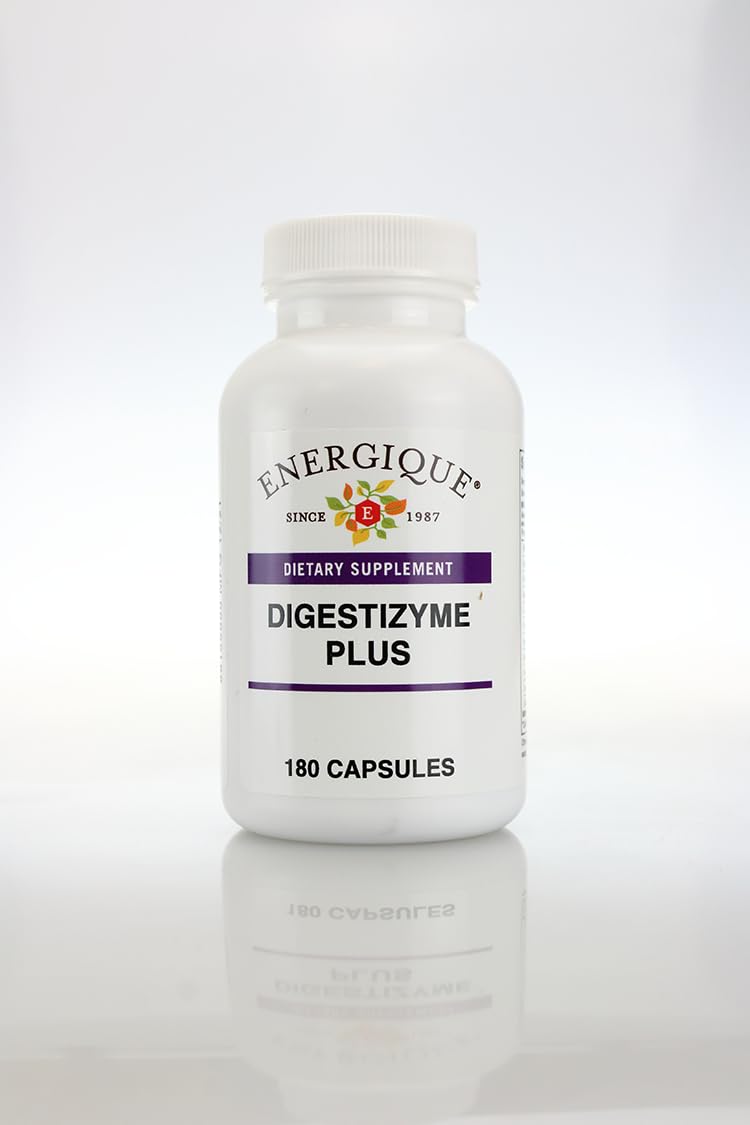 Energique Digestizyme Plus bottle cap close-up showing capsule blend for digestion support