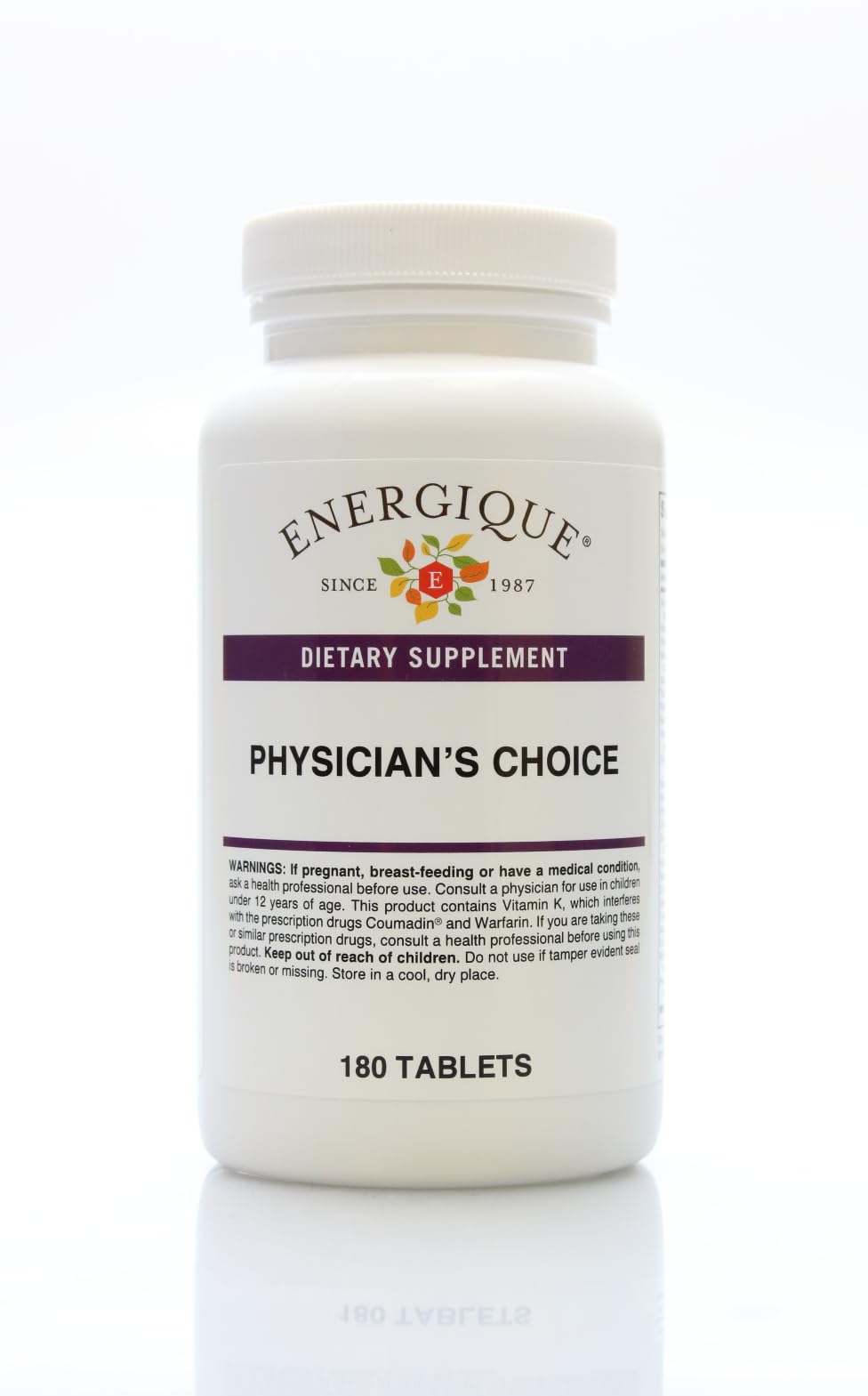 Energique Physician Choice multivitamin bottle with iron-free formula for daily wellness.