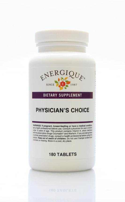 Energique Physician Choice multivitamin bottle with iron-free formula for daily wellness.