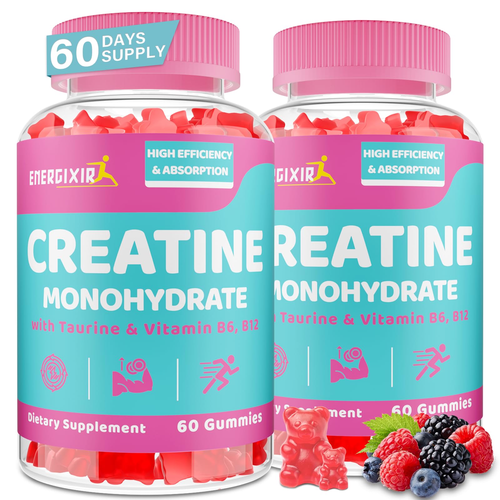 Energixir Creatine Gummies bottle front showing berry flavor for energy support.