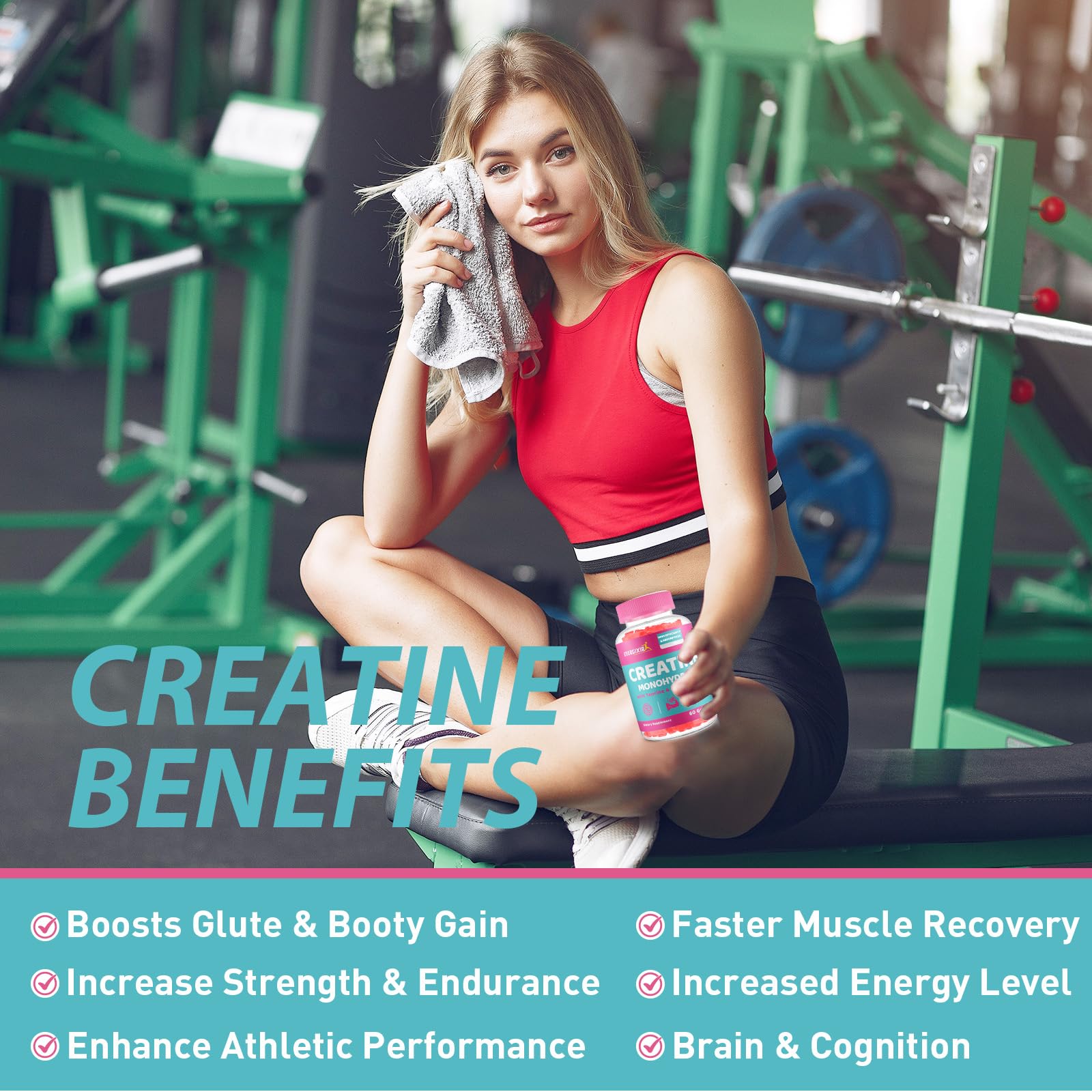 Energixir Creatine Gummies being poured for a quick pre- or post-workout option.