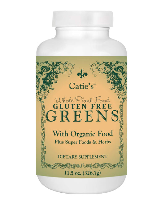 Energy Essentials Catie's Greens bottle on kitchen counter for daily vitality
