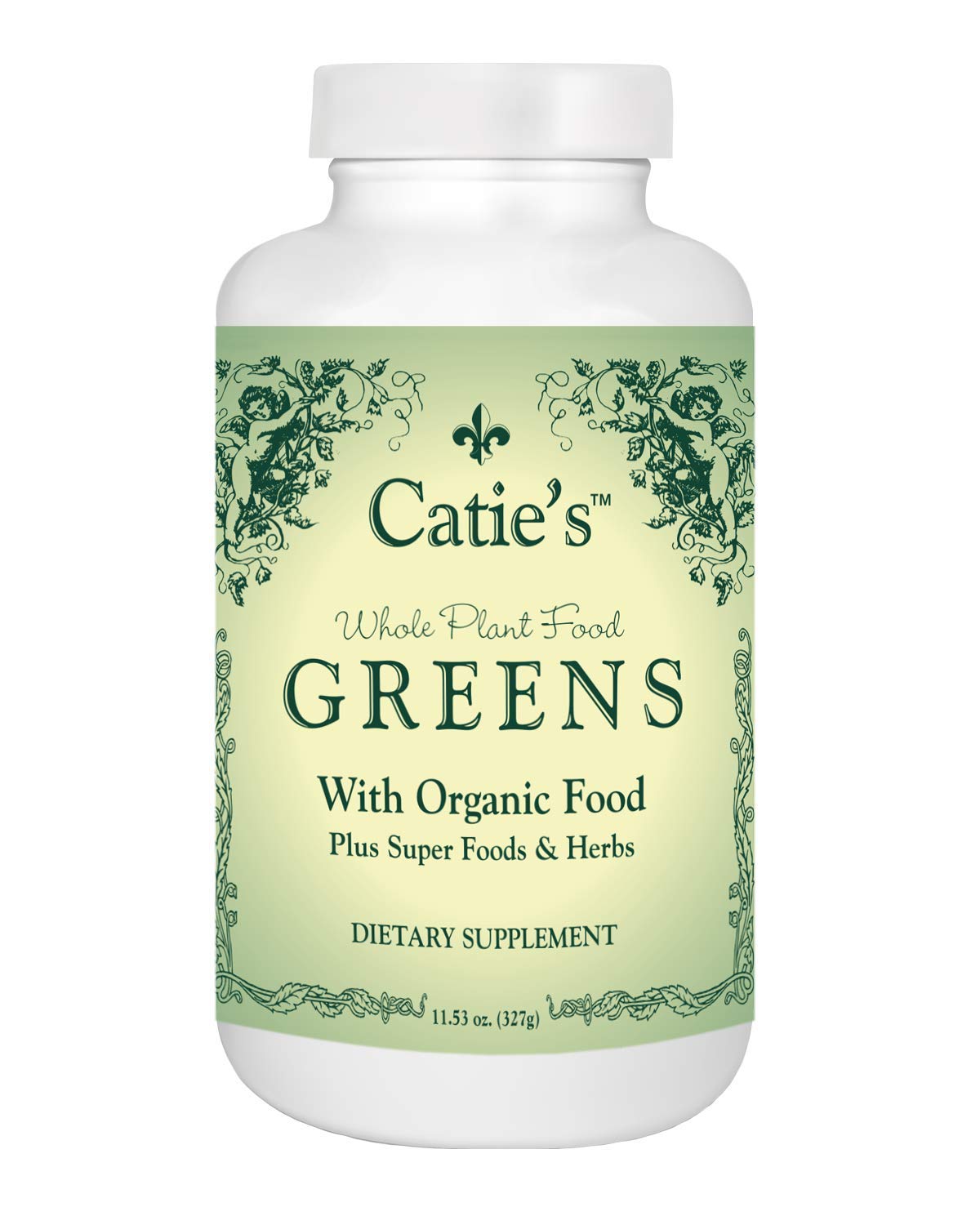 Energy Essentials Catie's Organic Greens bottle pour, daily greens boost.