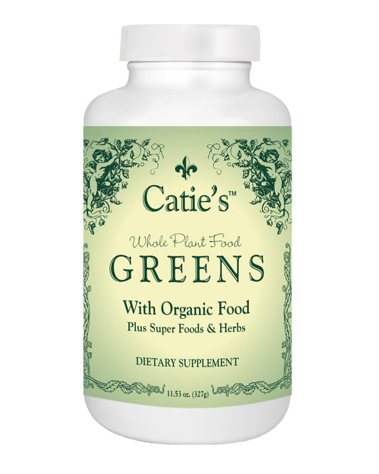 Energy Essentials Catie's Organic Greens bottle pour, daily greens boost.