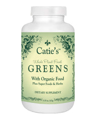 Energy Essentials Catie's Organic Greens bottle pour, daily greens boost.