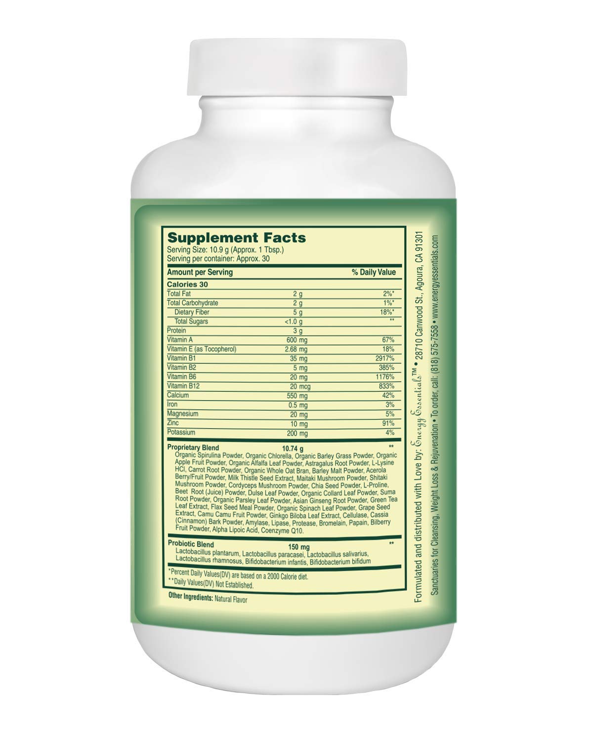 Energy Essentials Catie's Organic Greens powder jar closeup, convenient plant-based nutrition.