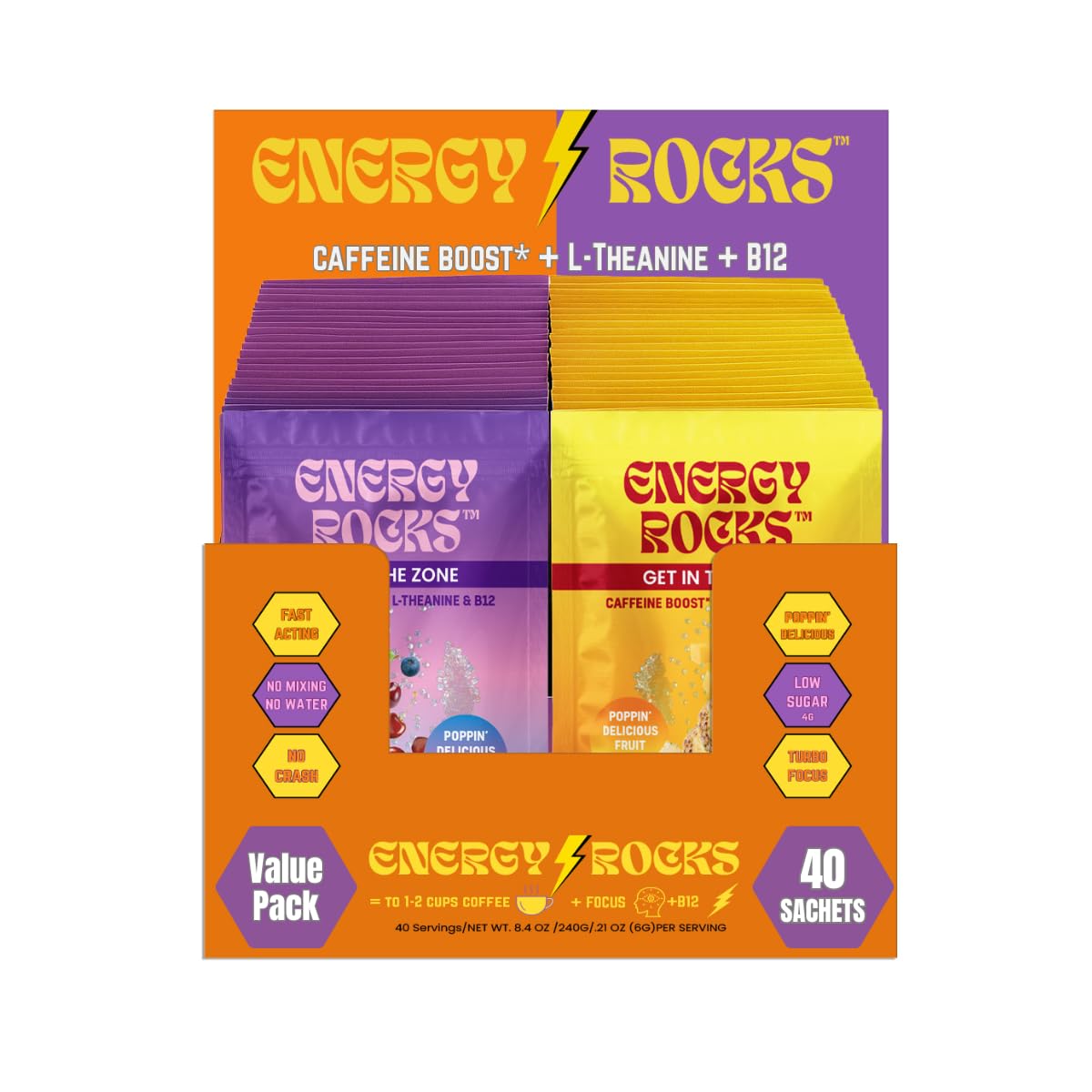 Energy Rocks popping candies packaging, compact energy on the go.