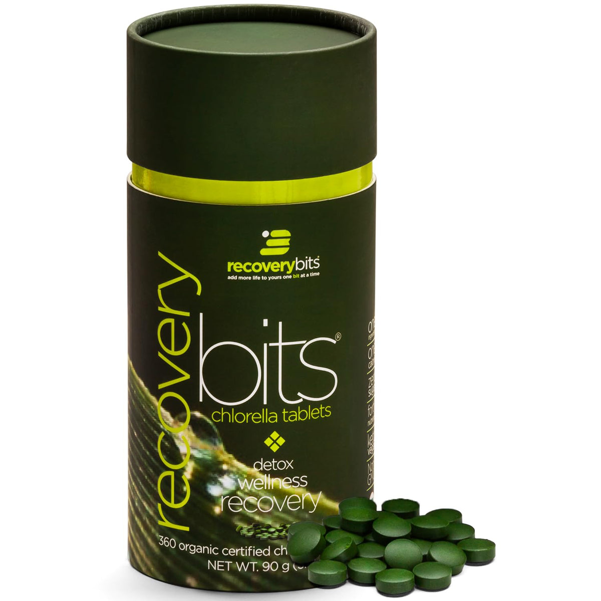 ENERGYBITS Recoverybits chlorella tablets closeup, convenient plant-based nutrition for daily wellness.