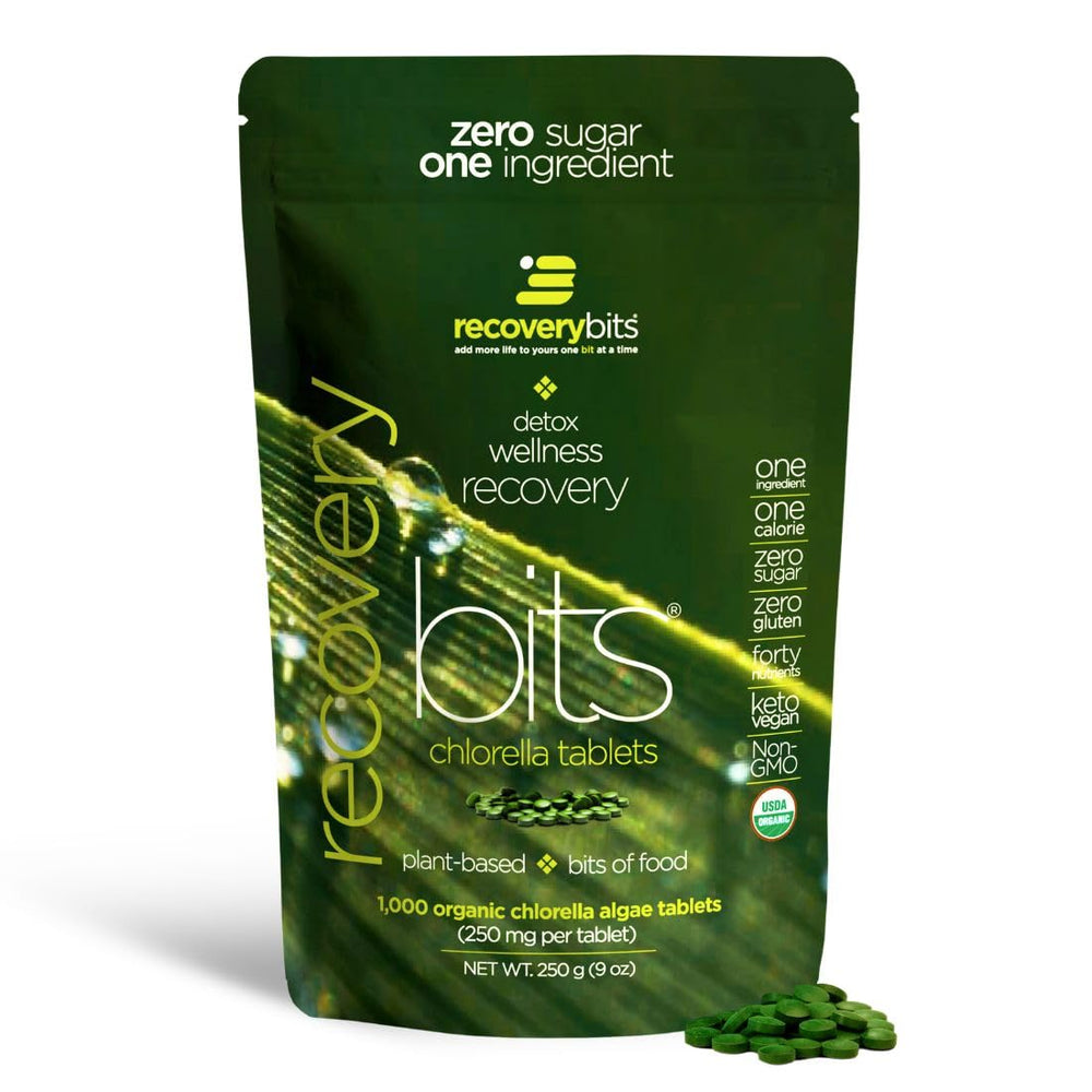EnergyBITS RECOVERYbits tablets close-up showing plant-based recovery support