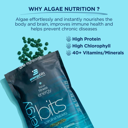 EnergyBits spirulina tablets close-up shows compact, protein-rich pills for quick energy during workouts.