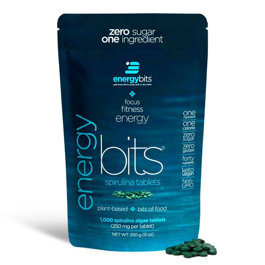 EnergyBits spirulina tablets packaging shown, a convenient plant-based energy source for focus and stamina.