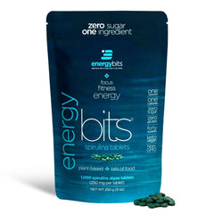 EnergyBits spirulina tablets packaging shown, a convenient plant-based energy source for focus and stamina.