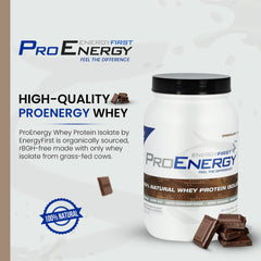 EnergyFirst chocolate whey isolate label showing gluten-free and non-GMO ingredients