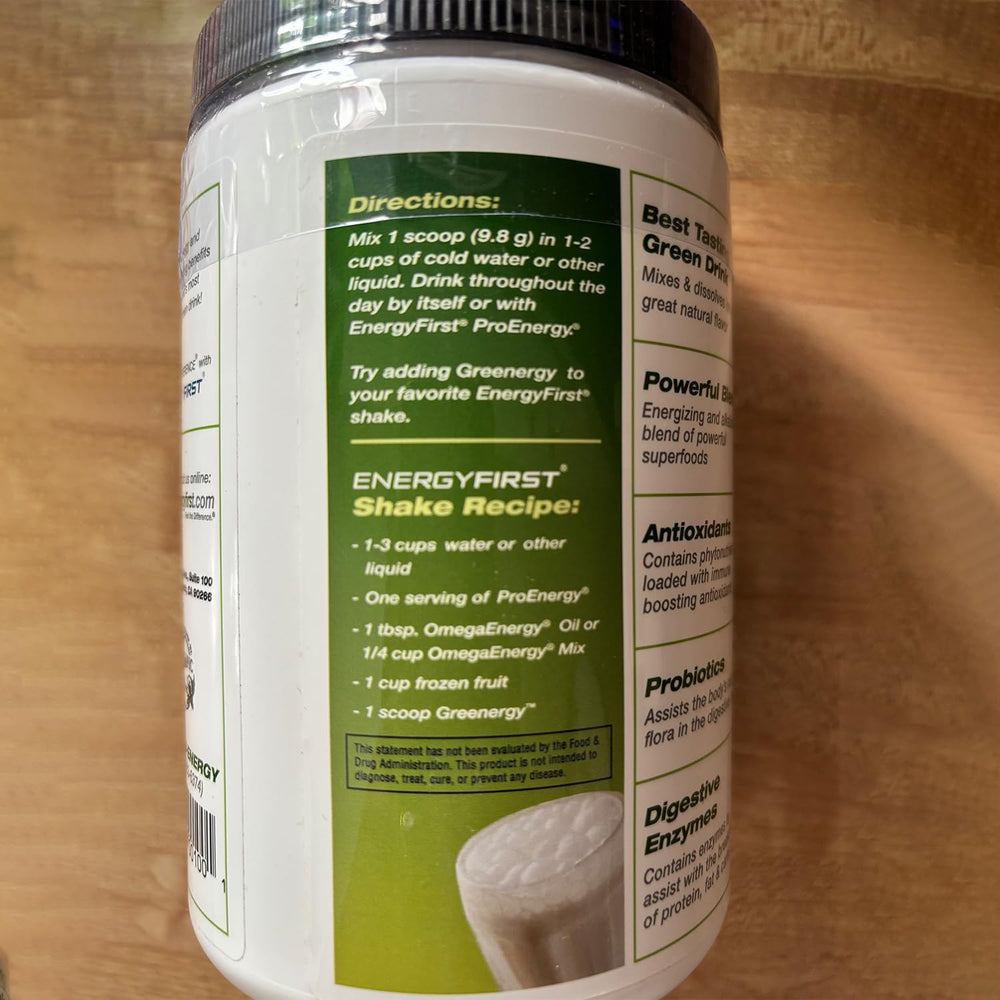 EnergyFirst Greenergy bottle on kitchen counter ready for morning routine