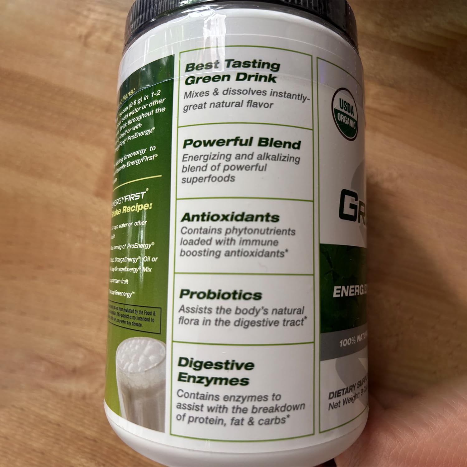 EnergyFirst Greenergy label shows USDA Organic and gluten-free quality