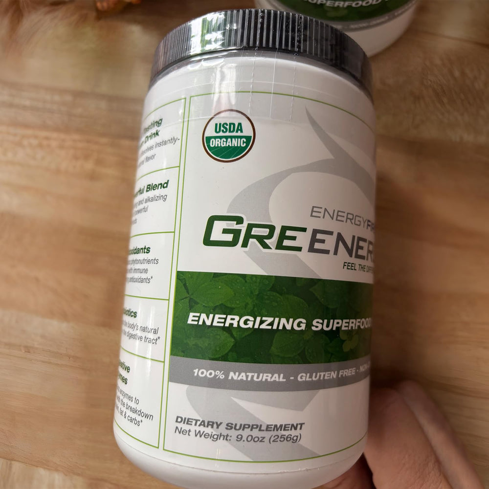 EnergyFirst Greenergy glass with smoothie demonstrates easy, tasty greens