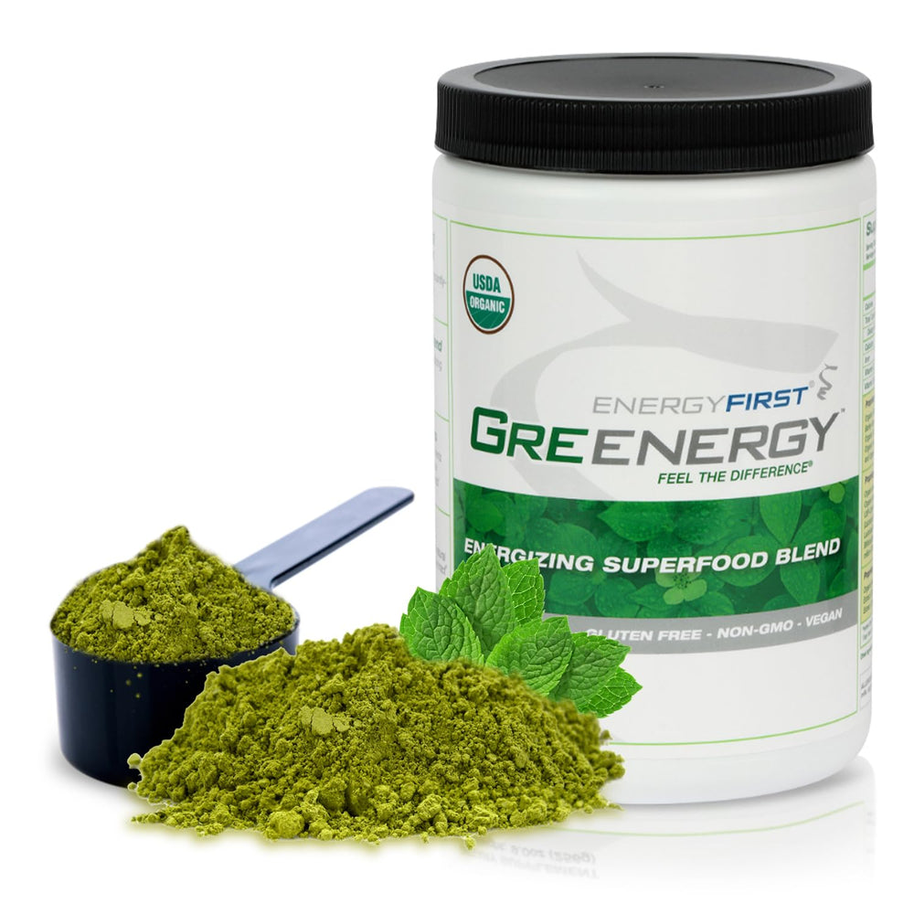 EnergyFirst Greenergy powder tub front for daily greens and energy support