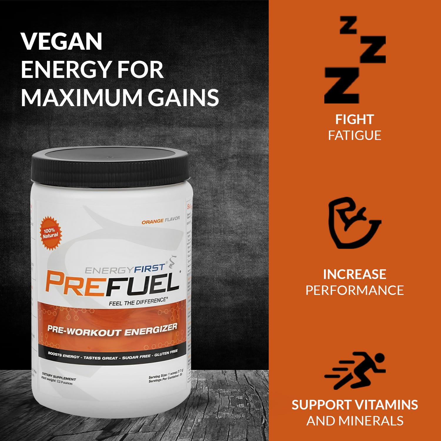 EnergyFirst Prefuel gluten-free, non-GMO vegan formula for endurance.