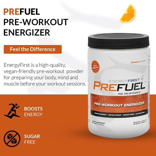 EnergyFirst Prefuel ingredients panel featuring green tea and green coffee for clean energy.