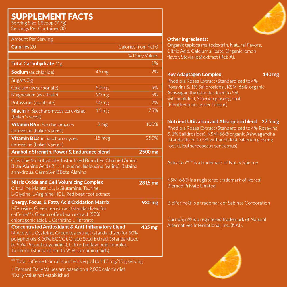 EnergyFirst Prefuel orange flavor sachet beside a cup of prepared drink.