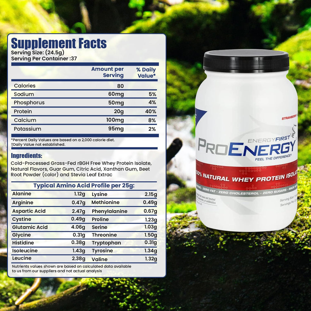 EnergyFirst strawberry whey protein bottle highlighting non-GMO and gluten-free formula